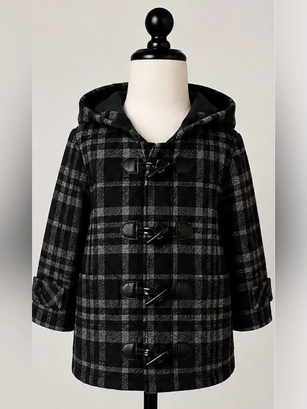 Janie and Jack Baby Boy Wool Blend Toggle Coat 6-12 Black Gray Plaid Hood Jacket